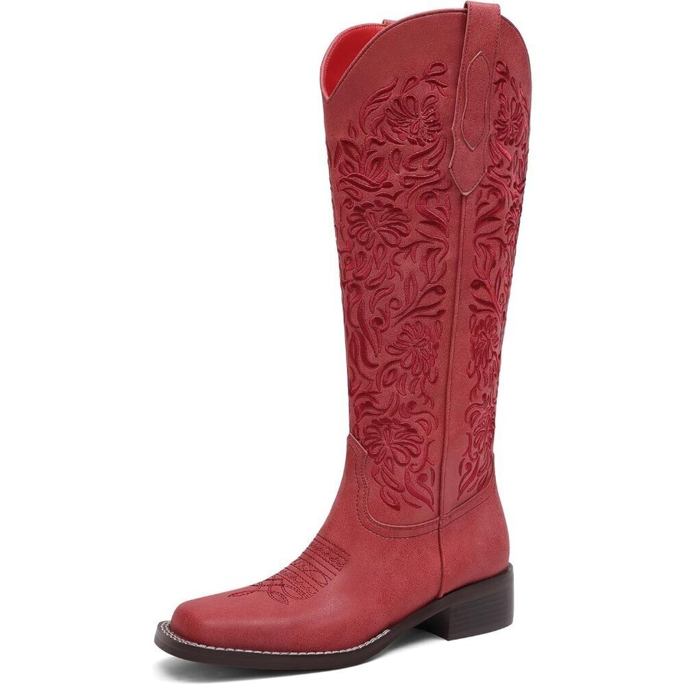 Women's Red Embroidered Knee High Low Block Heel Cowgirl Riding Boots
